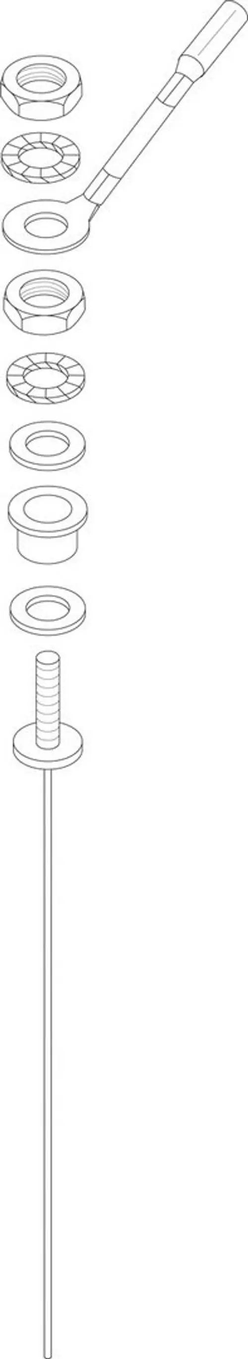 Zeichnung von Montagekomponenten, einschließlich einer Anode, Unterlegscheiben und Muttern, die für Bosch-Produkte verwendet werden können.